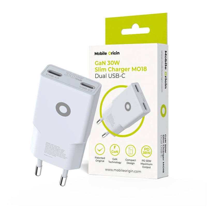 Mobile Origin MO18 30W Slim Väggladdare m. 2x USB-C - Vit