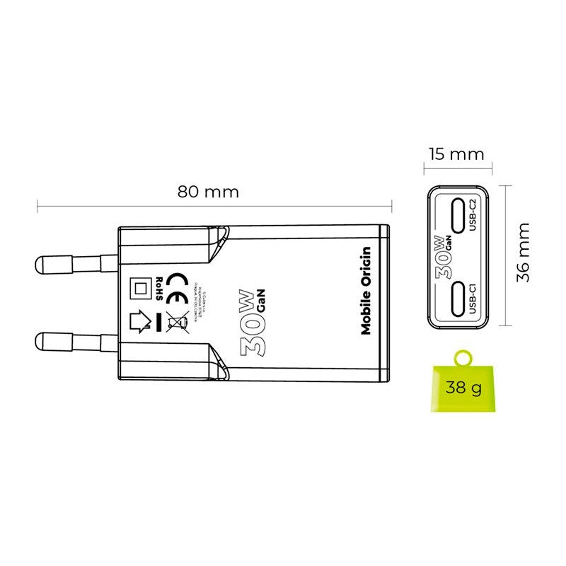 Mobile Origin MO18 30W Slim Väggladdare m. 2x USB-C - Vit