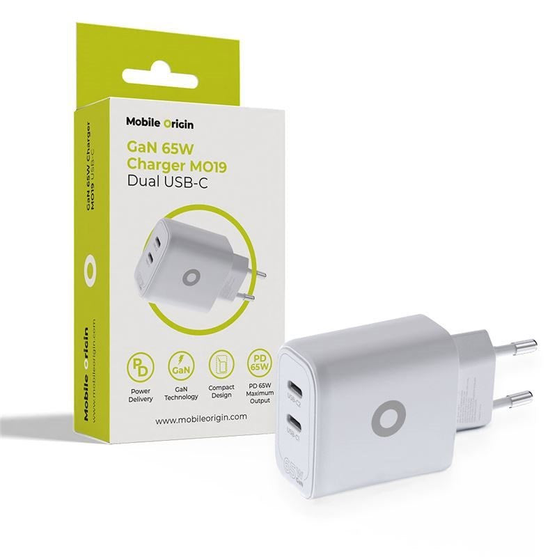Mobile Origin GaN 65W Väggladdare med 2 x USB-C - Vit