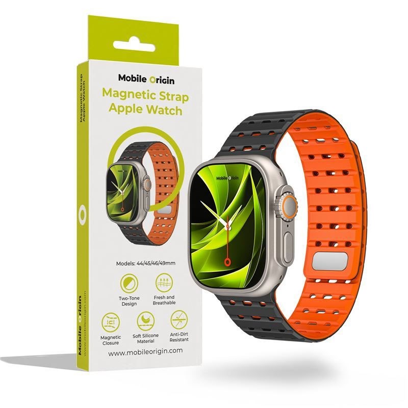 Apple Watch (42/44/SE/45/46/49mm) Mobile Origin Magnetiskt Silikonarmband - Svart / Orange