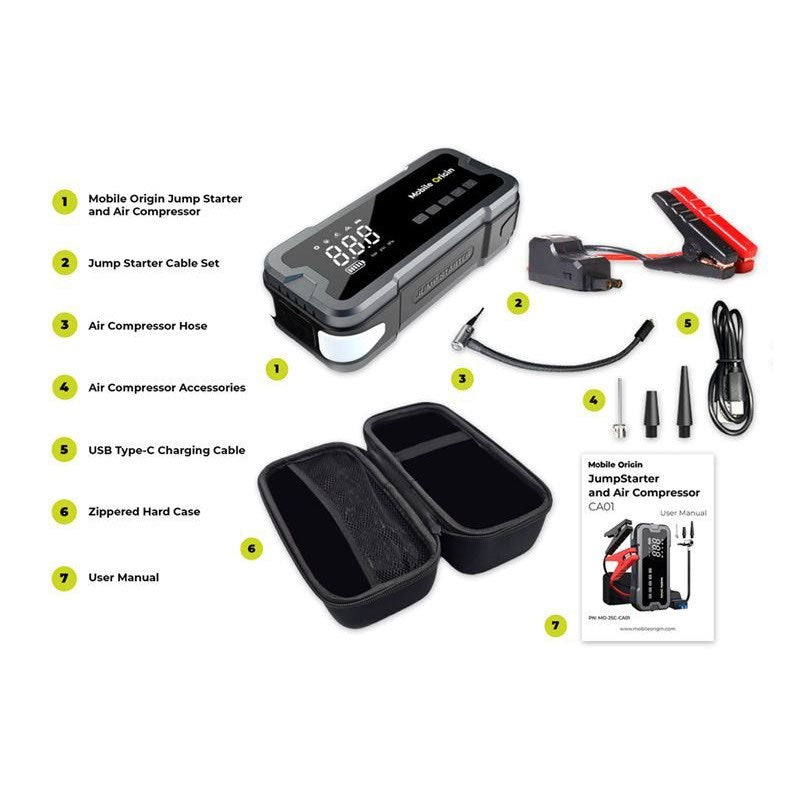 Mobile Origin 2-i-1 Jumpstarter & Kompressor med Tillbehör - Svart