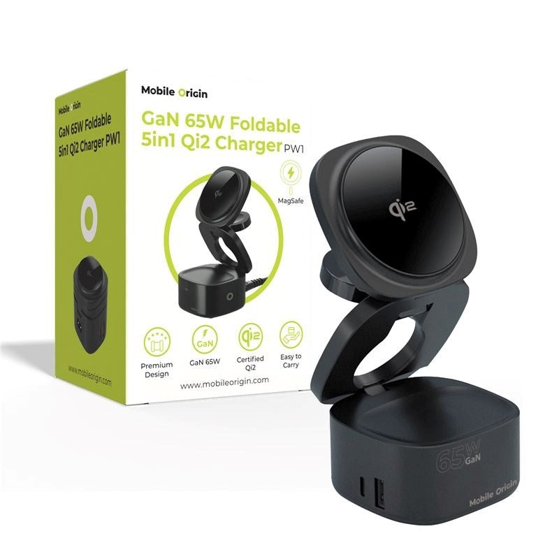 Mobile Origin Hopfällbar Qi2 5-i-1 Trådlös Laddare - 65W - Svart