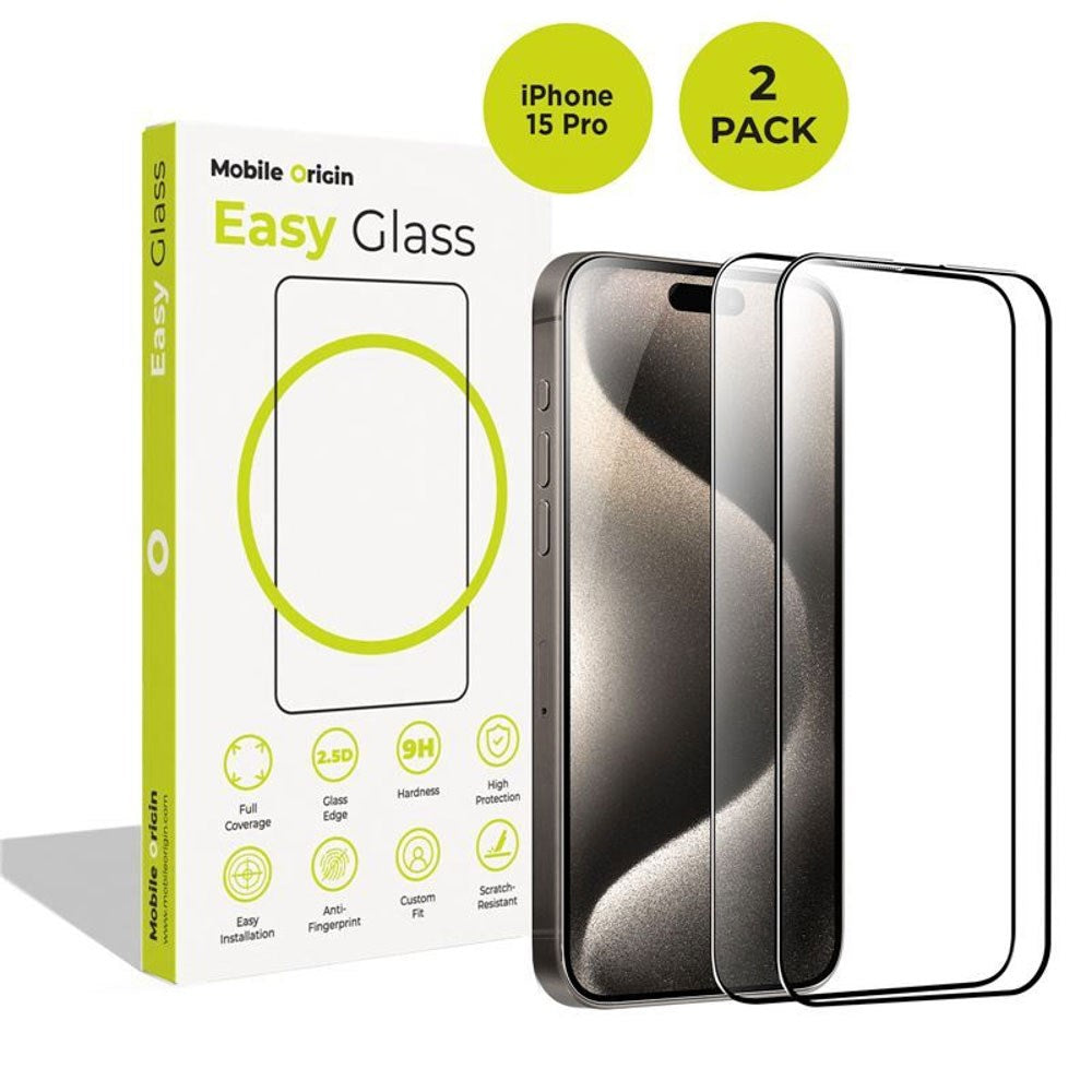 iPhone 15 Pro Mobile Origin EasyGlass Skärmskydd - 2 st - Genomskinlig / Svart Kant