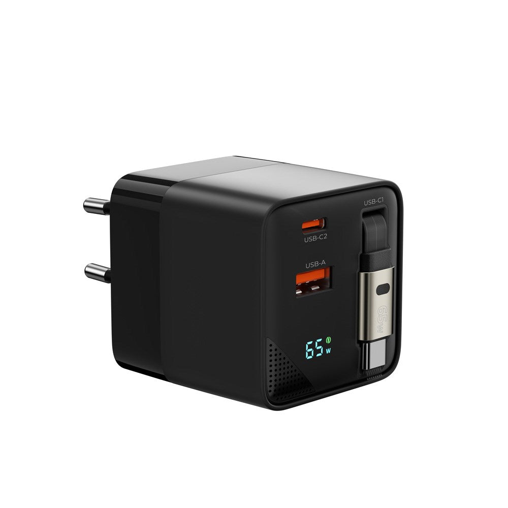 Mobile Origin Display Väggladdare m. 1 x USB-A / 1 x USB-C / 1 x Uttagbart USB-C Kabel - 65W - Svart