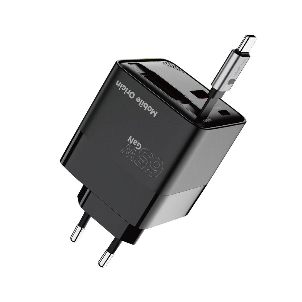 Mobile Origin Display Väggladdare m. 1 x USB-A / 1 x USB-C / 1 x Uttagbart USB-C Kabel - 65W - Svart