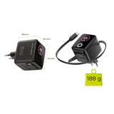 Mobile Origin GaN 65W Display Väggladdare m. 1 x USB-A / 1 x USB-C / 1 x Uttagbart USB-C Kabel - Svart