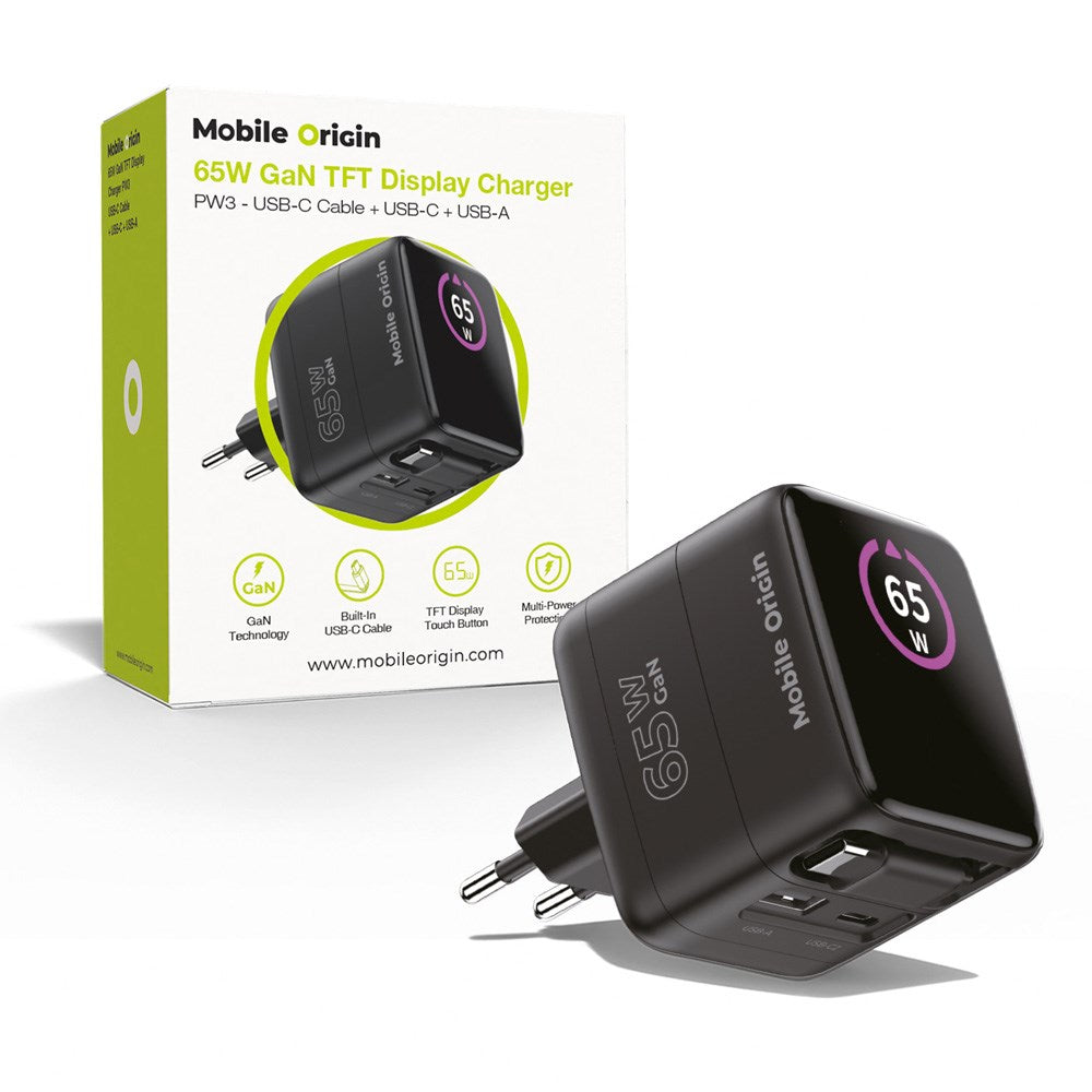 Mobile Origin GaN 65W Display Väggladdare m. 1 x USB-A / 1 x USB-C / 1 x Uttagbart USB-C Kabel - Svart
