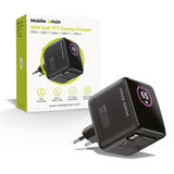 Mobile Origin GaN 65W Display Väggladdare m. 1 x USB-A / 1 x USB-C / 1 x Uttagbart USB-C Kabel - Svart