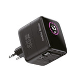 Mobile Origin GaN 65W Display Väggladdare m. 1 x USB-A / 1 x USB-C / 1 x Uttagbart USB-C Kabel - Svart