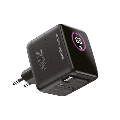 Mobile Origin GaN 65W Display Väggladdare m. 1 x USB-A / 1 x USB-C / 1 x Uttagbart USB-C Kabel - Svart