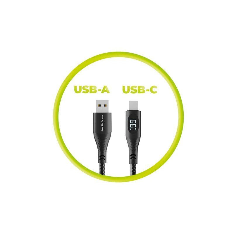 Mobile Origin 66W USB-A till USB-C Kabel med Skärm - 1,5 m - Svart