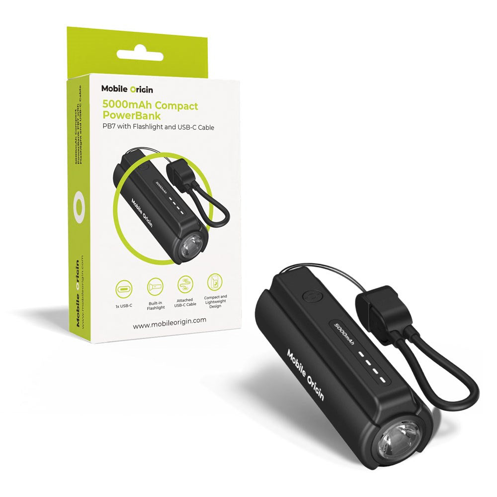 Mobile Origin 5000 mAh PowerBank m. Ficklampa & USB-C Kabel - Svart