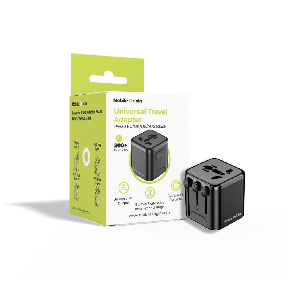 Mobile Origin 30W Universell Reseadapter EU/UK/US/AUS - Svart