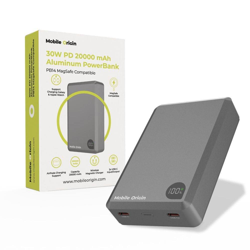 Mobile Origin 30W 20 000mAh Powerbank med USB-C & Trådlös Laddning - MagSafe Kompatibel - Grå