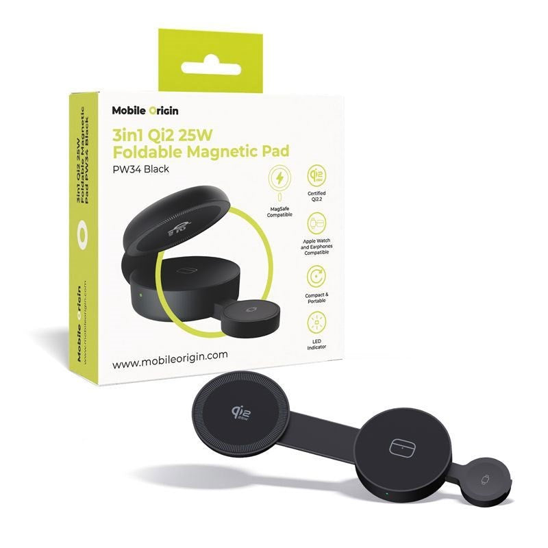 Mobile Origin 3-i-1 Hopfällbar Trådlös Qi2 Laddare för Smartphone / Apple Watch / Hörlurar - 25W - Svart