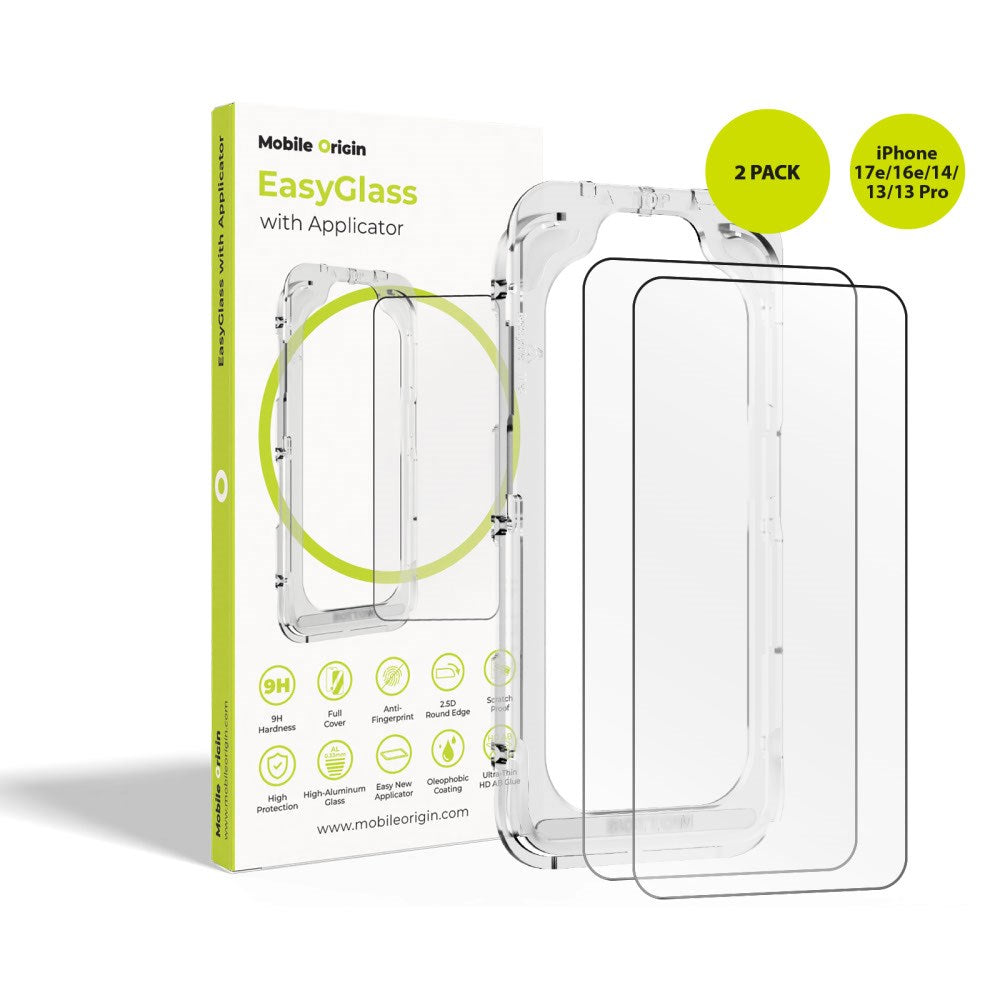 iPhone 17e / 16e / 14 / 13 / 13 Pro Mobile Origin EasyGlass Skärmskyddsglas - 2 st. - Genomskinlig