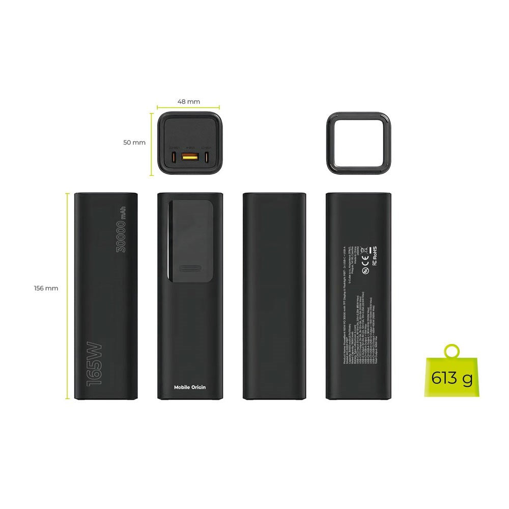 Mobile Origin 165W PowerBank m. Display & Ficklampa - 2x USB-C & 1x USB-A - 30.000 mAh - Svart