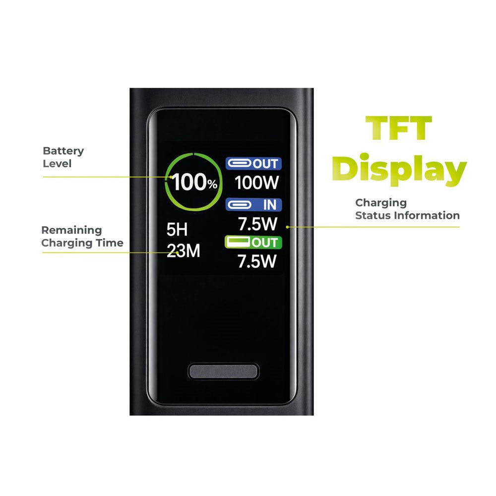 Mobile Origin 165W PowerBank m. Display & Ficklampa - 2x USB-C & 1x USB-A - 30.000 mAh - Svart