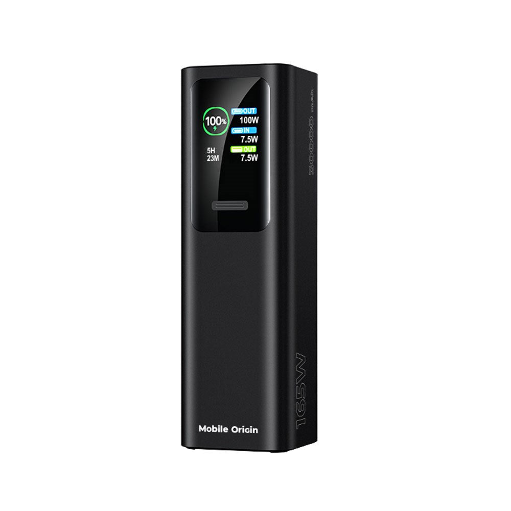 Mobile Origin 165W PowerBank m. Display & Ficklampa - 2x USB-C & 1x USB-A - 30.000 mAh - Svart
