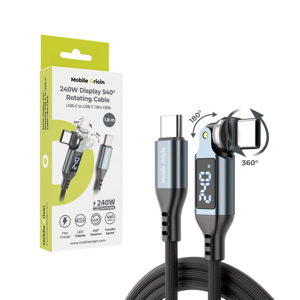 Mobile Origin 240W Display 540° Roterbar USB-C till USB-C Kabel - 1.8m - Svart