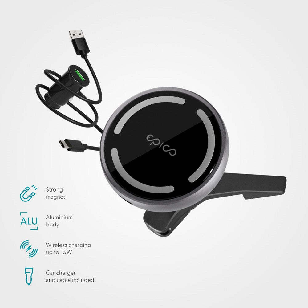 Epico Magnetic Mobiltelefonhållare för Bil med 15W Trådlös Laddning - Svart