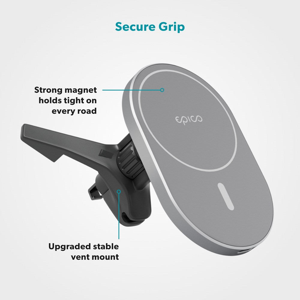 Epico Magnetisk Mobiltelefonhållare för Bil med 15W Trådlös Laddning & 18W Billaddare - MagSafe-Kompatibel - Space Grey