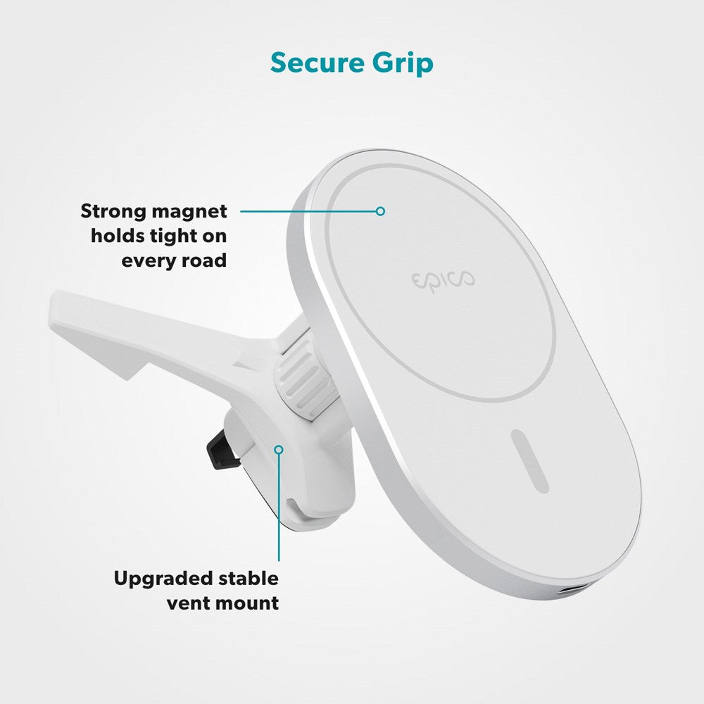 Epico Magnetisk Mobiltelefonhållare för Bil med 15W Trådlös Laddning & 18W Billaddare - MagSafe-Kompatibel - Vit