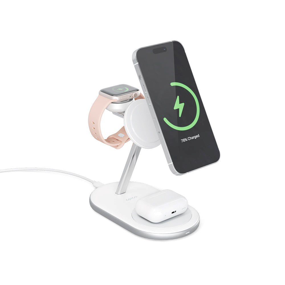 Epico Charging Stand - 3-i-1 15W Trådlös Laddare - MagSafe Kompatibel - Vit