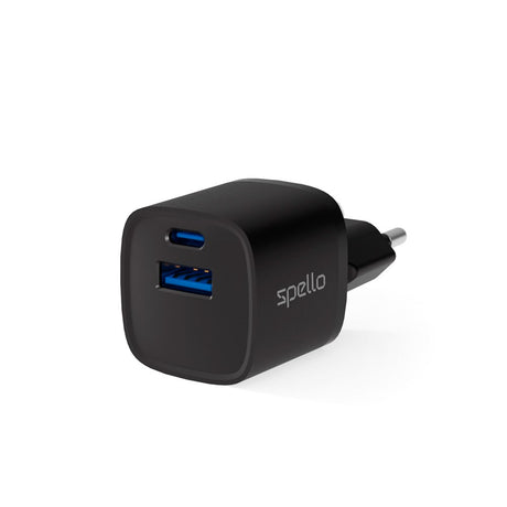 Spello 20W PD (Power Delivery) Vegglader med 1 x USB-C 1 x USB-A- Svart