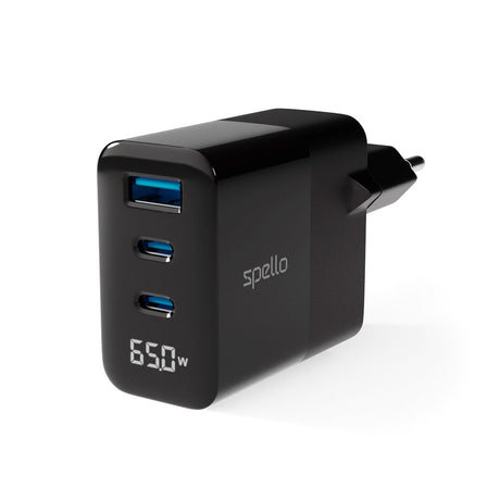 Spello 65W PD (Power Delivery) Vegglader med 2 x USB-C 1 x USB-A - Svart