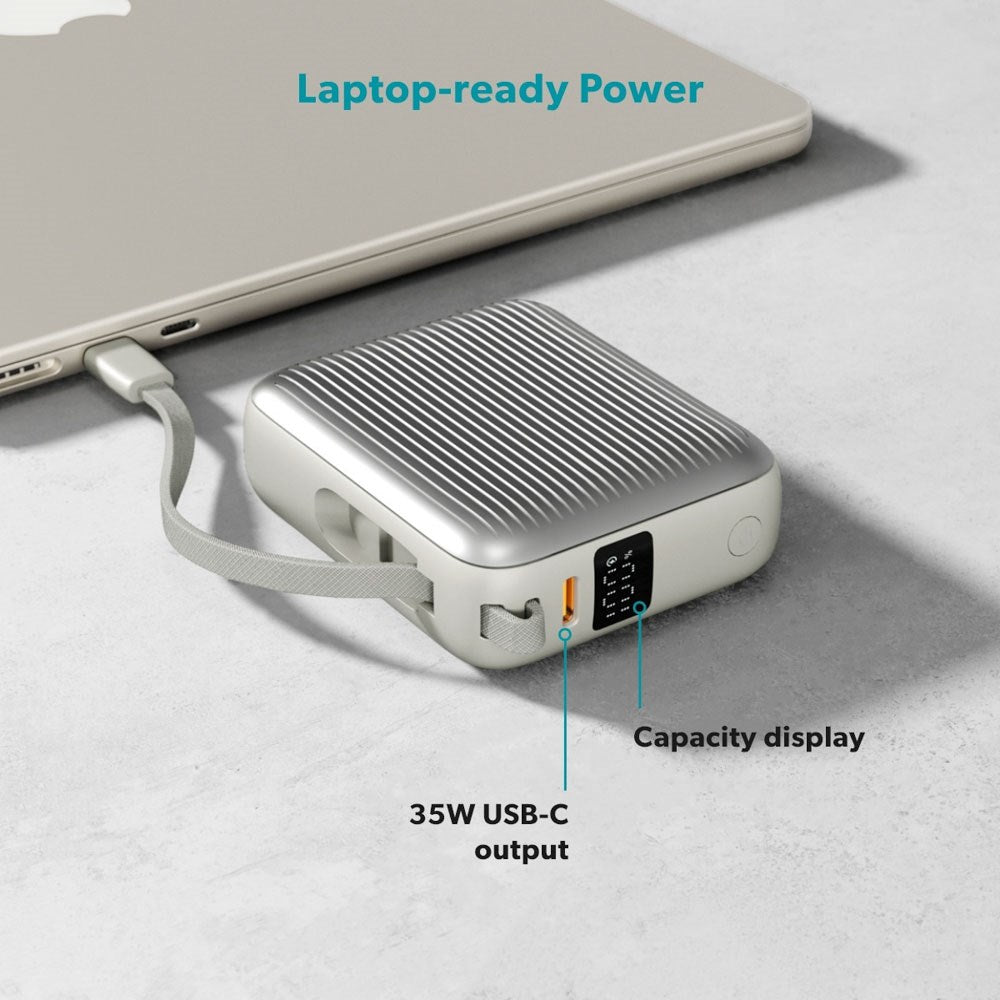 Epico Power Bank 35W 10000 mAh med USB-C-Port och Utdragbar USB-C-Kabel - Grå