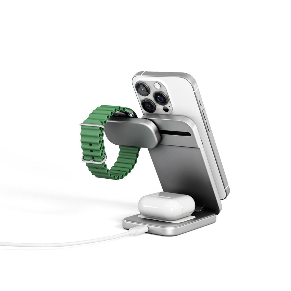 Spello ForceBase Hopfällbar 3-i-1 Trådlös Qi2 Laddare 15W - MagSafe Kompatibel - Silver