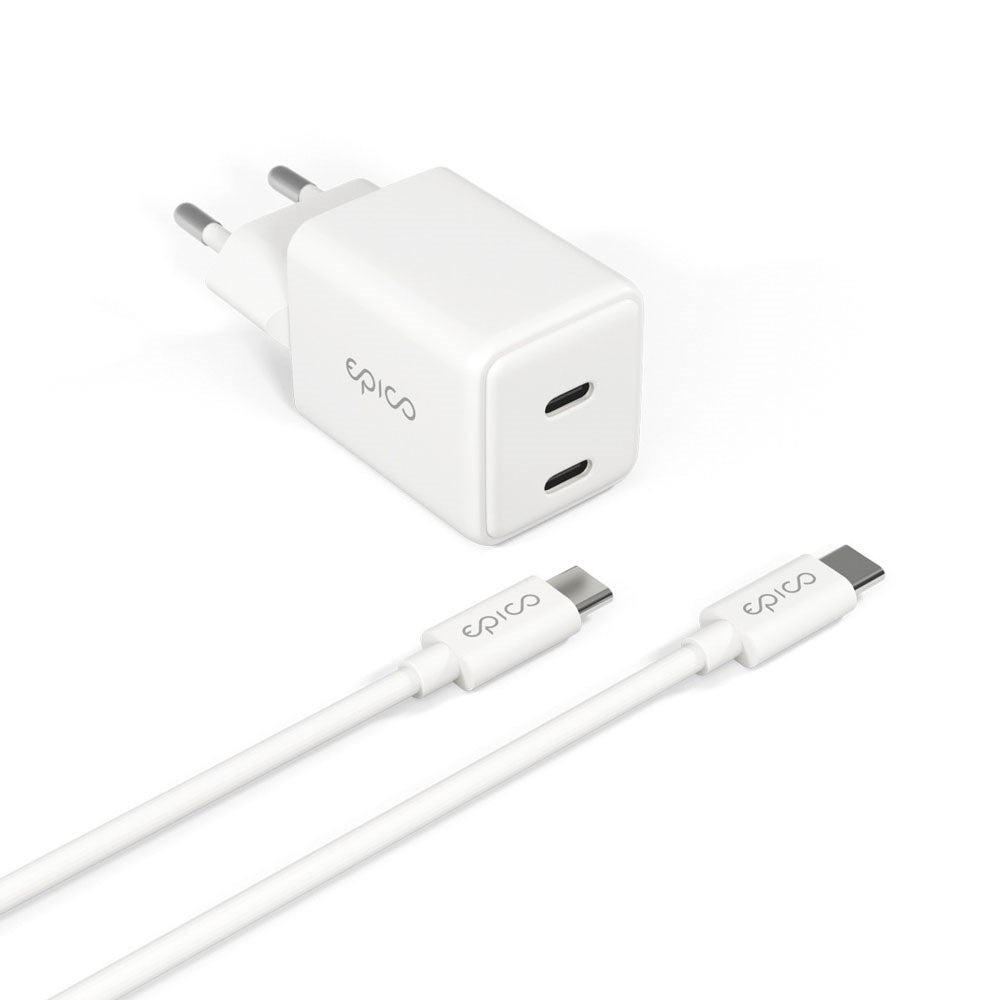 Epico UltraBoost GaN 35W Väggladdare m. 1.2m USB-C till USB-C Kabel - 2x USB-C - Vit