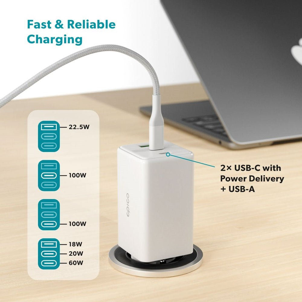 Epico UltraBoost GaN 100W Väggladdare m. 1.2m USB-C till USB-C Kabel - 2x USB-C / 1x USB-A - Vit