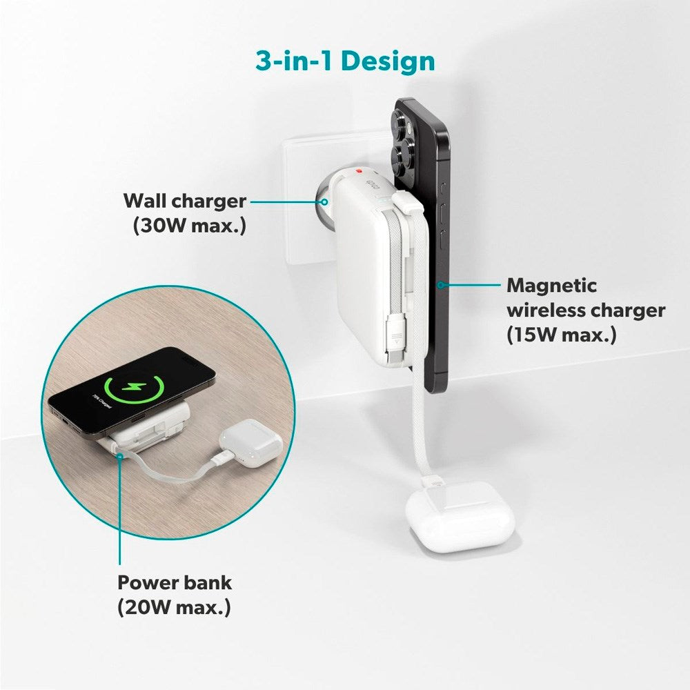 Epico UltraPack Mag+ 3-i-1 Rese PowerBank 10.000 mAh - MagSafe Kompatibel - Vit