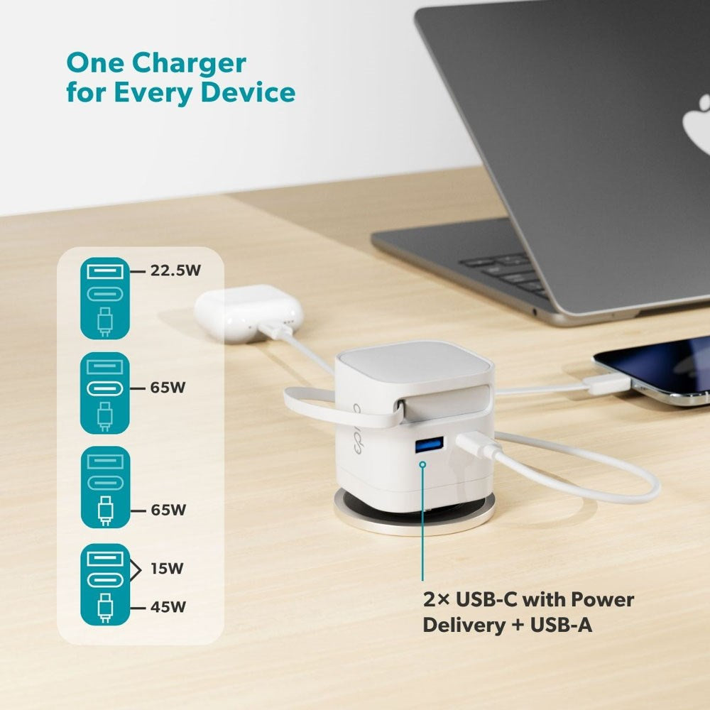 Epico UltraBoost 65W Väggladdare m. USB-C / USB-A / Utdragbar USB-C Kabel – Vit