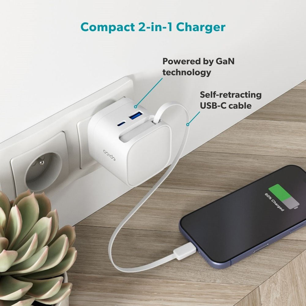 Epico UltraBoost 65W Väggladdare m. USB-C / USB-A / Utdragbar USB-C Kabel – Vit
