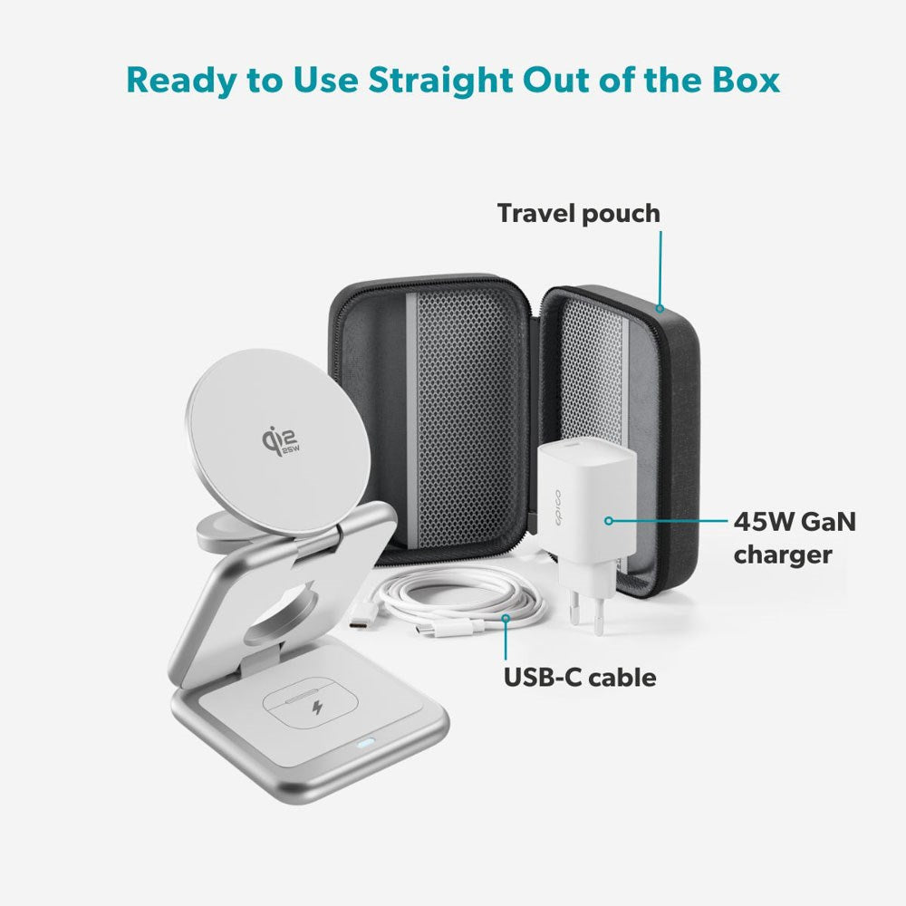 Epico UltraBase EF60 3-i-1 Fold Metal Mag+ Trådlös Laddare - 25W - Qi2 / MagSafe Kompatibel - Silver