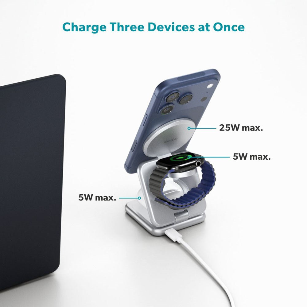 Epico UltraBase EF60 3-i-1 Fold Metal Mag+ Trådlös Laddare - 25W - Qi2 / MagSafe Kompatibel - Silver