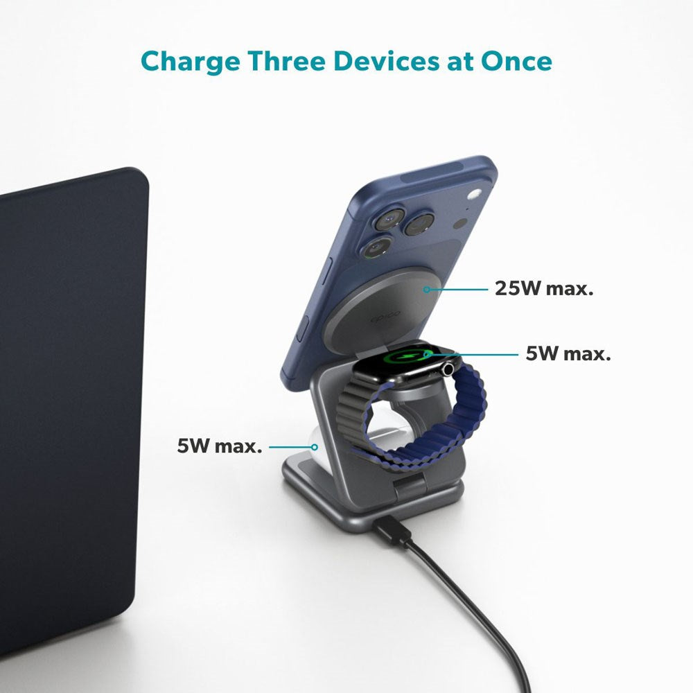 Epico UltraBase EF60 3-i-1 Fold Metal Mag+ Trådlös Laddare - 25W - Qi2 / MagSafe Kompatibel - Grå