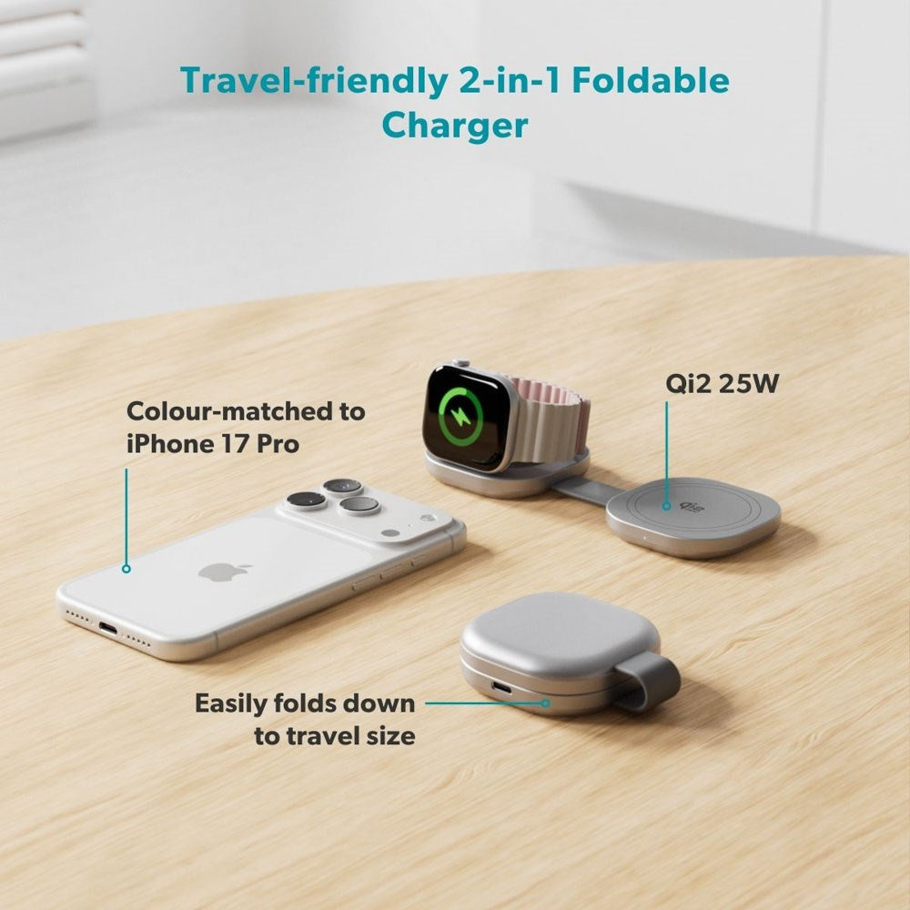 Epico UltraBase Kompakt Trådlös Laddare 25W för Smartphone / Apple Watch - MagSafe / Qi2 Kompatibel - Silver