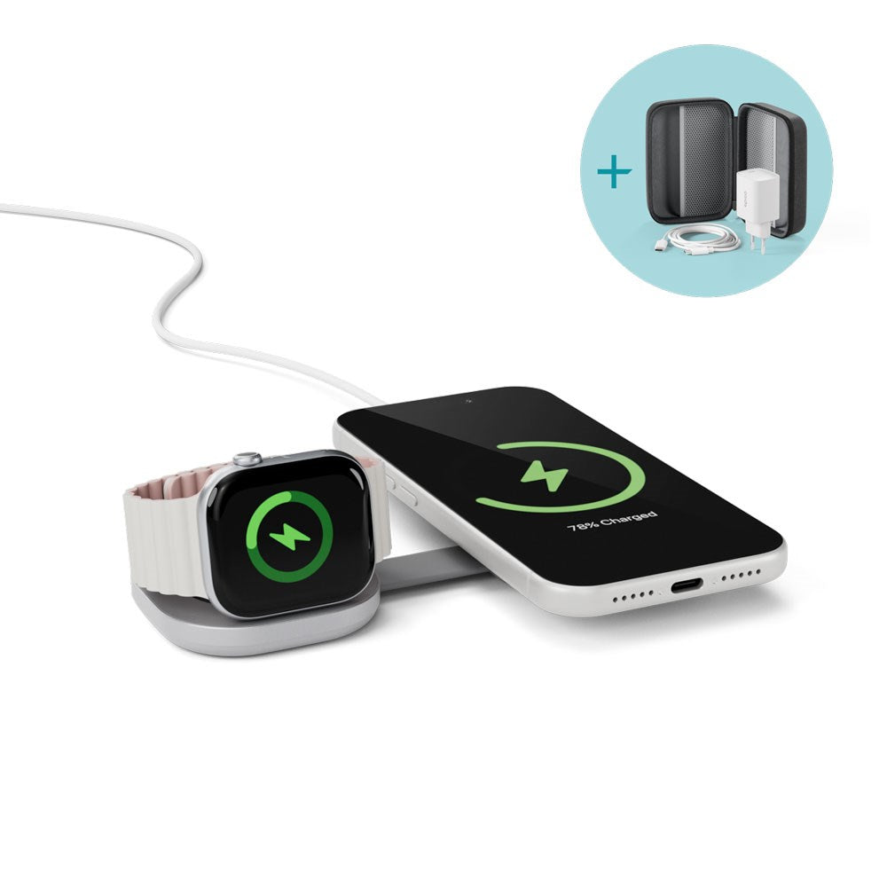 Epico UltraBase Kompakt Trådlös Laddare 25W för Smartphone / Apple Watch - MagSafe / Qi2 Kompatibel - Silver