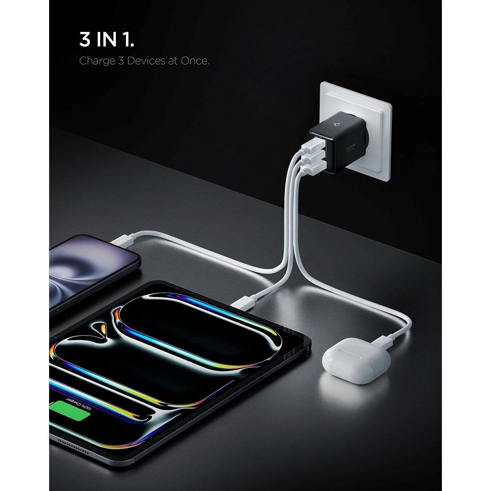 Spigen Essential 47W Väggladdare med 2 x USB-C & 1 x USB-A - Svart