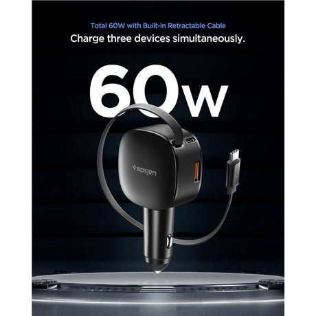Spigen Essential Billaddare 60W med Inbyggd USB-C Kabel & 1 x USB-C 1 x USB-A - Svart