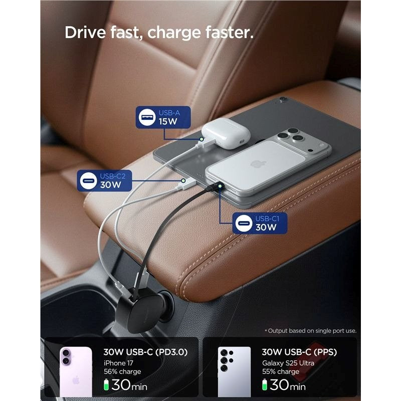 Spigen Essential Billaddare 60W med Inbyggd USB-C Kabel & 1 x USB-C 1 x USB-A - Svart