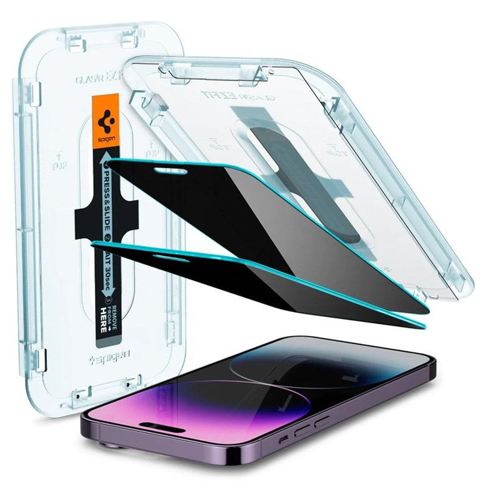 iPhone 14 Pro Max Spigen Privacy EZ Fit Glass Skärmskydd - 2 st - Privacy Funktion - Genomskinlig
