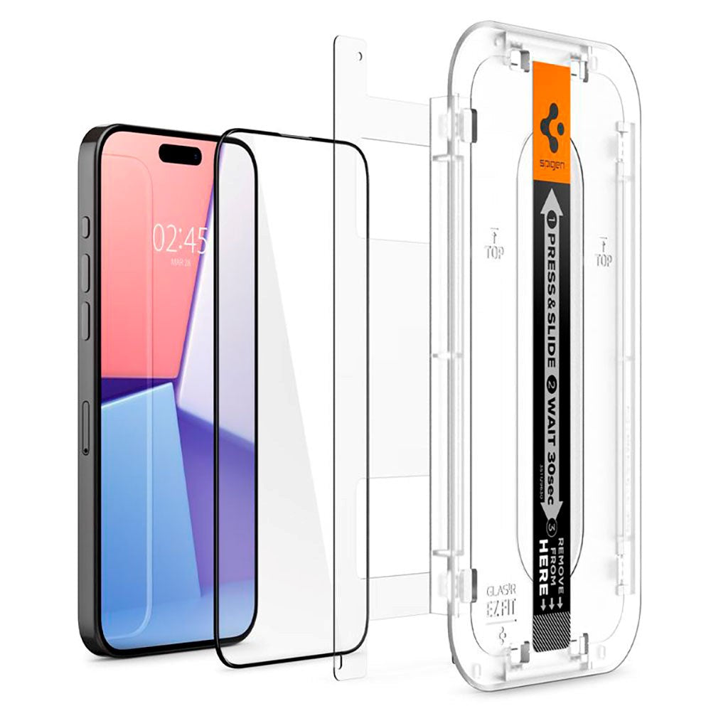 iPhone 15 Pro Max Spigen EZ Fit Glas.tR Skärmskydd 2. Stk - Case Friendly - Svart Kant