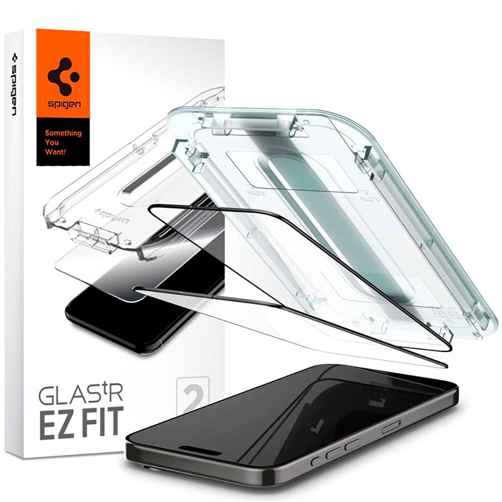 iPhone 15 Pro Max Spigen EZ Fit Glas.tR Skärmskydd 2. Stk - Case Friendly - Svart Kant