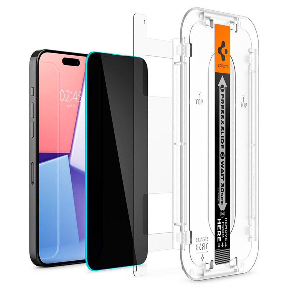 iPhone 15 Pro Spigen EZ Fit Glas.tR Skärmskydd 2. Stk - Privacy Filter - Case Friendly - Genomskinlig