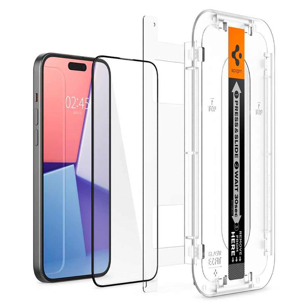 iPhone 15 Spigen EZ Fit Glas.tR Skärmskydd 2. Stk - Case Friendly - Svart Kant